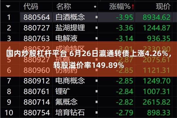 国内炒股杠杆平台 6月26日瀛通转债上涨4.26%，转股溢价率149.89%